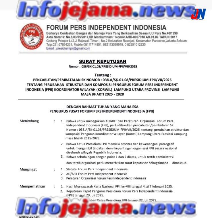 Yuheri Herman Dicabut dari Kepengurusan FPII Lampung Utara, FPII Pusat Terbitkan SK Pembatalan. 